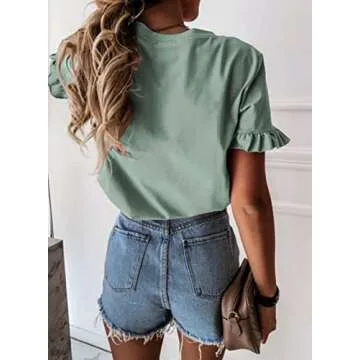 PRETTYGARDEN Women's Short Sleeve Casual T Shirts Summer Ruffle Plain Round Neck Loose Fit Tee Blous...