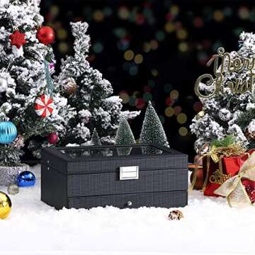 BEWISHOME Watch Box Organizer with Valet Drawer - Real Glass Top, Metal Hinge, Large Holder, Black C...