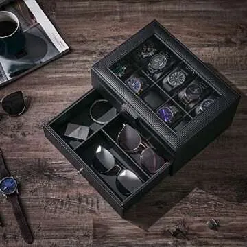 BEWISHOME Watch Box Organizer with Valet Drawer - Real Glass Top, Metal Hinge, Large Holder, Black Carbon Fiber Faux Leather - 10 Slots Watch Storage Case Jewelry Box for Men SSH14C