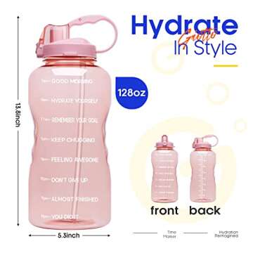 Giotto Large 1 Gallon/128oz (When Full) Motivational Water Bottle with Time Marker & Straw, Leakproof Tritan BPA Free, Ensure You Drink Enough Water Daily for Fitness, Gym and Sports-Light Pink