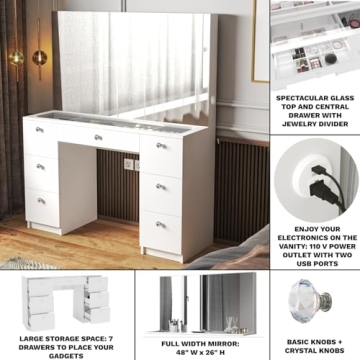 Boahaus Makeup Vanity Desk with LED, White, 7 Storage Drawers