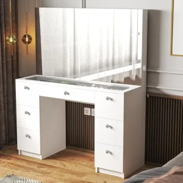 Boahaus Makeup Vanity Desk with LED, White, 7 Storage Drawers
