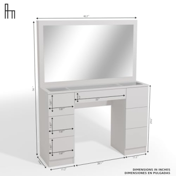 Boahaus Makeup Vanity Desk with LED, White, 7 Storage Drawers