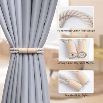NICEEC 2 Pack Wooden Magnetic Curtain Tiebacks Boho Decoration Drape Tie Backs Natural Cotton Handmade Double Rope Curtain Holdbacks for Thin or Thick Home & Office Window Drapery (New Beige)