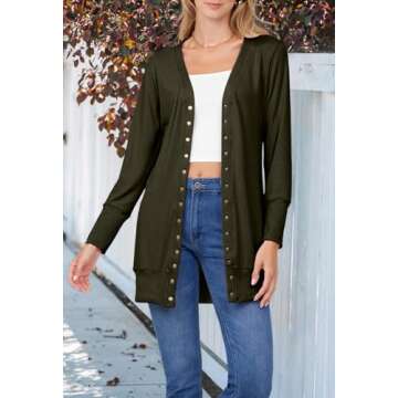 MEROKEETY Women's 2024 Fall Long Sleeve Snap Button Down Solid Color Knit Ribbed Neckline Cardigans Army Green