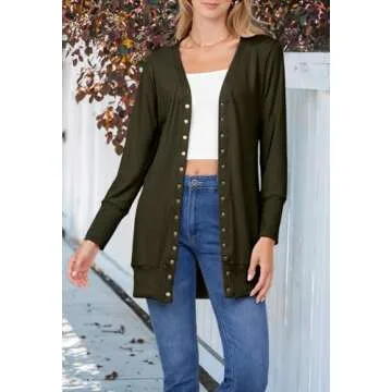 MEROKEETY Women's 2024 Fall Long Sleeve Snap Button Down Solid Color Knit Ribbed Neckline Cardigans Army Green