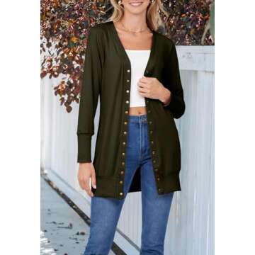 MEROKEETY Women's 2024 Fall Long Sleeve Snap Button Down Solid Color Knit Ribbed Neckline Cardigans Army Green