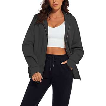 MISSACTIVER Women Oversized Full Zip Up Hoodie Jacket Long Sleeve Drop Shoulder Fleece Lightweight Pullover Sweatshirts(Small,Dark Grey)