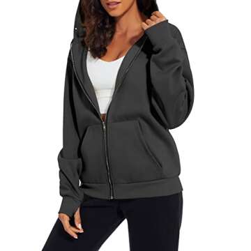 MISSACTIVER Women Oversized Full Zip Up Hoodie Jacket Long Sleeve Drop Shoulder Fleece Lightweight Pullover Sweatshirts(Small,Dark Grey)