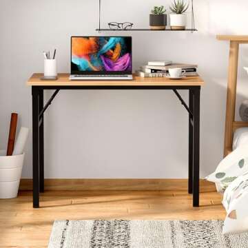 Need Folding Desk for Home Office 39-3/8'' Length Modern Folding Table Computer Desk No Install Needed Teak Color Desktop Black Frame, AC5BB(10060)