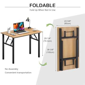 Need Folding Desk for Home Office 39-3/8'' Length Modern Folding Table Computer Desk No Install Needed Teak Color Desktop Black Frame, AC5BB(10060)