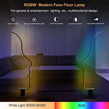 RGBW Modern Face Floor Lamp for Bedroom Living Room, 55.5 inches High Unique Standing Reading Dimmable Black Led Floor Lamp with Remote, Cool Ambient Lighting Changing Curved Floor Lamp