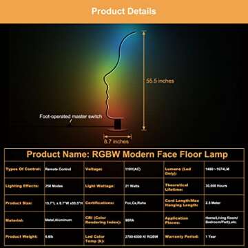 RGBW Modern Face Floor Lamp for Bedroom Living Room, 55.5 inches High Unique Standing Reading Dimmable Black Led Floor Lamp with Remote, Cool Ambient Lighting Changing Curved Floor Lamp