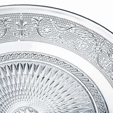 Elsjoy Set of 6 Glass Dinner Plate, 10 Inch Large Serving Plate Round Clear Glass Plate, Vintage Embossed Dinnerware for Pasta, Salad, Home Wedding Decor