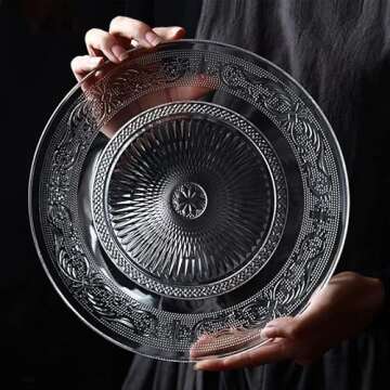 Elsjoy Set of 6 Glass Dinner Plate, 10 Inch Large Serving Plate Round Clear Glass Plate, Vintage Embossed Dinnerware for Pasta, Salad, Home Wedding Decor