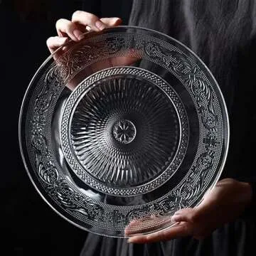 Elsjoy Set of 6 Glass Dinner Plate, 10 Inch Large Serving Plate Round Clear Glass Plate, Vintage Embossed Dinnerware for Pasta, Salad, Home Wedding Decor