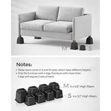 SONGMICS Bed Risers, 4-Pack Furniture Risers, Heavy Duty Bed Lifts in Heights of 3, 5 or 8 Inches, Lifts up to 1300 lb, Stackable Risers for Sofa, Table Legs Extenders, Black UCDG001B01