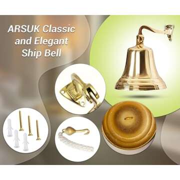 ARSUK Ship Bell - Large Solid Brass Sleigh Bell, Wall Mounted Hanging Nautical Ships Bell for Dinner Christmas Service Craft Farmhouse Maritime Church Pirate House