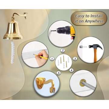 ARSUK Ship Bell - Large Solid Brass Sleigh Bell, Wall Mounted Hanging Nautical Ships Bell for Dinner Christmas Service Craft Farmhouse Maritime Church Pirate House