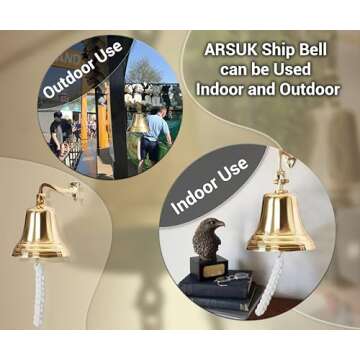 ARSUK Ship Bell - Large Solid Brass Sleigh Bell, Wall Mounted Hanging Nautical Ships Bell for Dinner Christmas Service Craft Farmhouse Maritime Church Pirate House