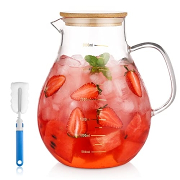 95 Ounce Large Glass Pitcher with Lid and Handle - Heat Resistant Borosilicate Beverage Carafe for J...