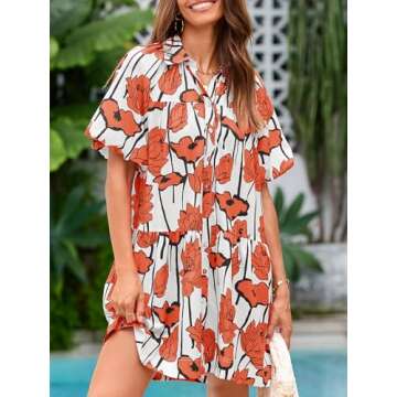 Wenrine Women's Summer Button Down Shirt Dress - Floral Puff Short Sleeve Mini Dress