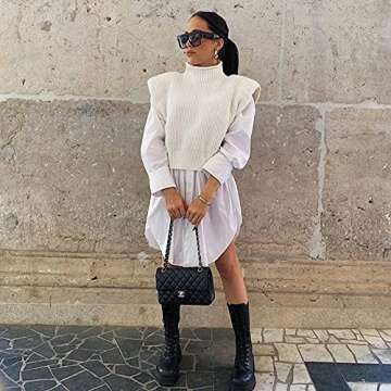 Women's Sleeveless Turtleneck Sweater Vest Shoulder Pad Knitted Tank Top Casual Solid Pullover Tops ...