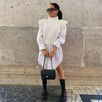 Women's Sleeveless Turtleneck Sweater Vest Shoulder Pad Knitted Tank Top Casual Solid Pullover Tops ...