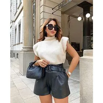 Women's Sleeveless Turtleneck Sweater Vest Shoulder Pad Knitted Tank Top Casual Solid Pullover Tops Knitwear(C White,M)