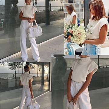 Women's Sleeveless Turtleneck Sweater Vest Shoulder Pad Knitted Tank Top Casual Solid Pullover Tops Knitwear(C White,M)