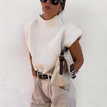 Women's Sleeveless Turtleneck Sweater Vest Shoulder Pad Knitted Tank Top Casual Solid Pullover Tops Knitwear(C White,M)