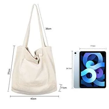 Etercycle Women Corduroy Tote Bag, Casual Handbags Big Capacity Shopping Shoulder Bag with Pocket (C...