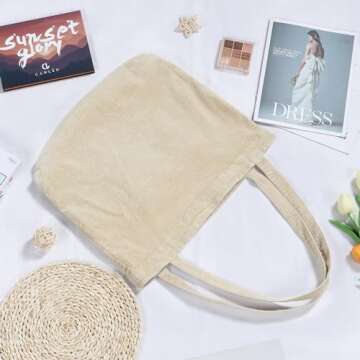 Etercycle Women Corduroy Tote Bag, Casual Handbags Big Capacity Shopping Shoulder Bag with Pocket (Cream)