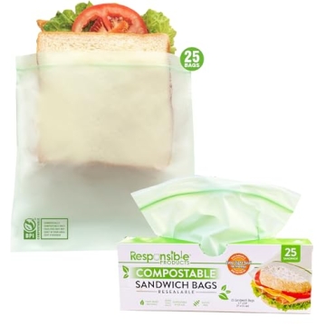 Responsible Products Certified Compostable SANDWICH Resealable Zip Bag, Extra Strength Food Bags, Pl...