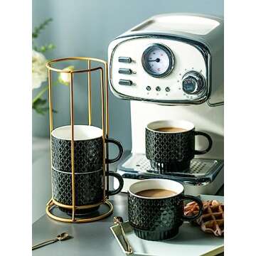 LYEOBOH Stackable Mugs Set of 4 with Rack & Spoons