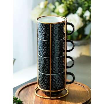 LYEOBOH Stackable Mugs Set of 4 with Rack & Spoons