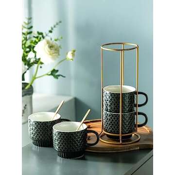 LYEOBOH Stackable Mugs Set of 4 with Rack & Spoons
