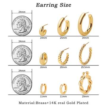 9 Pairs Gold Hoop Earrings for Women Chunky Twisted Huggie Hoops Earrings Set 14K Real Gold Plated Christmas for Women (Style 013)