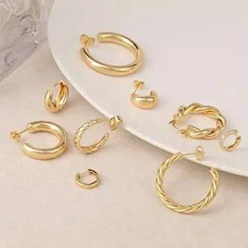 9 Pairs Gold Hoop Earrings for Women Chunky Twisted Huggie Hoops Earrings Set 14K Real Gold Plated Christmas for Women (Style 013)