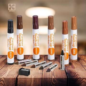 Katzco Furniture Repair Kit Wood Markers - Set of 34 - Markers and Wax Sticks with Sharpener - for Stains, Scratches, Floors, Tables, Desks, Carpenters, Bedposts, Touch-Ups, Cover-Ups