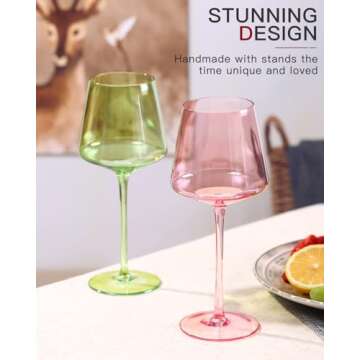 comfit Colored Wine Glasses Set of 6-18oz【Hand Blown】 Crystal Colorful Wine Glasses with With Lo...