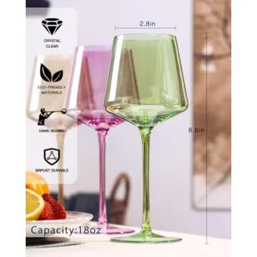 comfit Colored Wine Glasses Set of 6-18oz【Hand Blown】 Crystal Colorful Wine Glasses with With Long Stem-Muticolor Wine Glasses Wedding gift set for wine lovers Wine Dinner