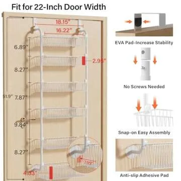 Delamu Large Over the Door Pantry Organizer, 6-Tier Metal Pantry Door Organization and Storage for Easy Install, Hanging Spice Rack Seasoning Shelves for Cabinet & Kitchen, D6.7xW17.5xH53.7 in, White