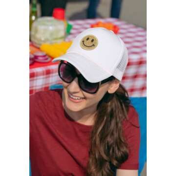 GAGABEN Smiley face Trucker Hat Retro Mesh Baseball Cap with Smiley Patch Foam Neon High Crown Y2K Hats for Men Women