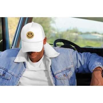 GAGABEN Smiley face Trucker Hat Retro Mesh Baseball Cap with Smiley Patch Foam Neon High Crown Y2K Hats for Men Women