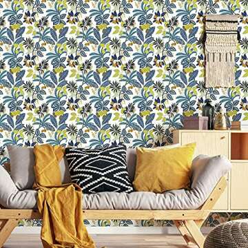 RoomMates RMK11577RL Blue and Yellow Funky Jungle Peel and Stick Wallpaper