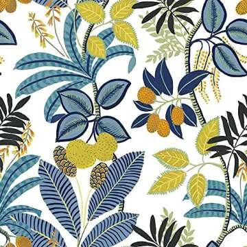 RoomMates RMK11577RL Blue and Yellow Funky Jungle Peel and Stick Wallpaper