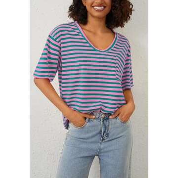 MISSACTIVER Oversized Striped T-Shirt for Women Casual Deep V Neck Short Sleeve Drop Shoulder Tee Shirt Summer Going Out Tops Pink Blue, Small