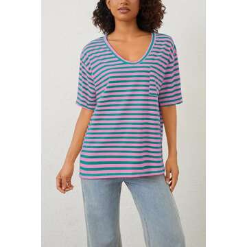 MISSACTIVER Oversized Striped T-Shirt for Women Casual Deep V Neck Short Sleeve Drop Shoulder Tee Shirt Summer Going Out Tops Pink Blue, Small