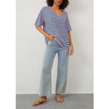 MISSACTIVER Oversized Striped T-Shirt for Women Casual Deep V Neck Short Sleeve Drop Shoulder Tee Shirt Summer Going Out Tops Pink Blue, Small